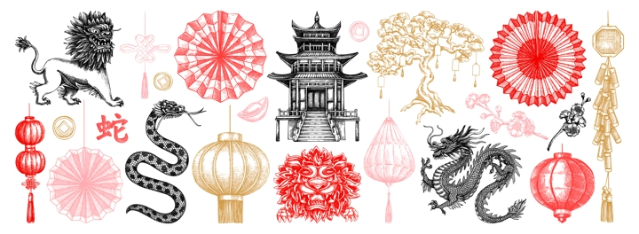 Traditional China sketches set. Chinese New Year decoration. Hand-drawn vector illustrations. NOT AI generated